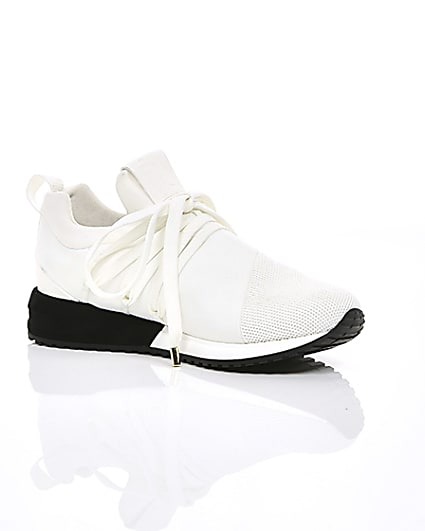 360 degree animation of product White lace-up runner trainers frame-7