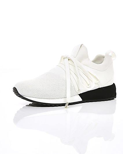 360 degree animation of product White lace-up runner trainers frame-23
