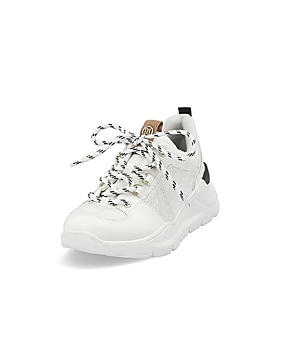 360 degree animation of product White lace up runner trainers frame-23