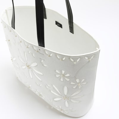 White laser cut flower shopper bag River Island