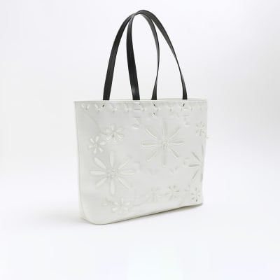 White laser cut flower shopper bag River Island