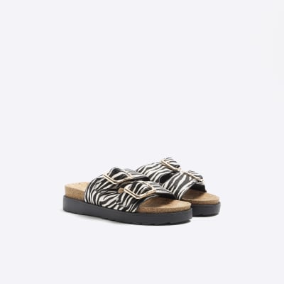 White leather animal print buckle sandals River Island