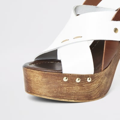 White leather cross over platform sandals