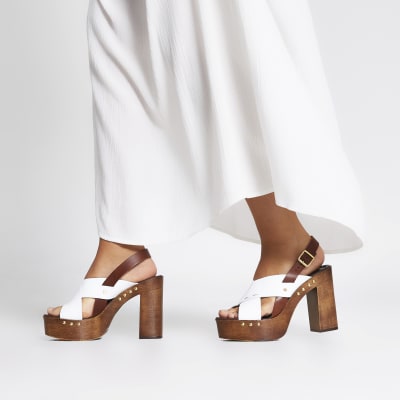 White leather cross over platform sandals