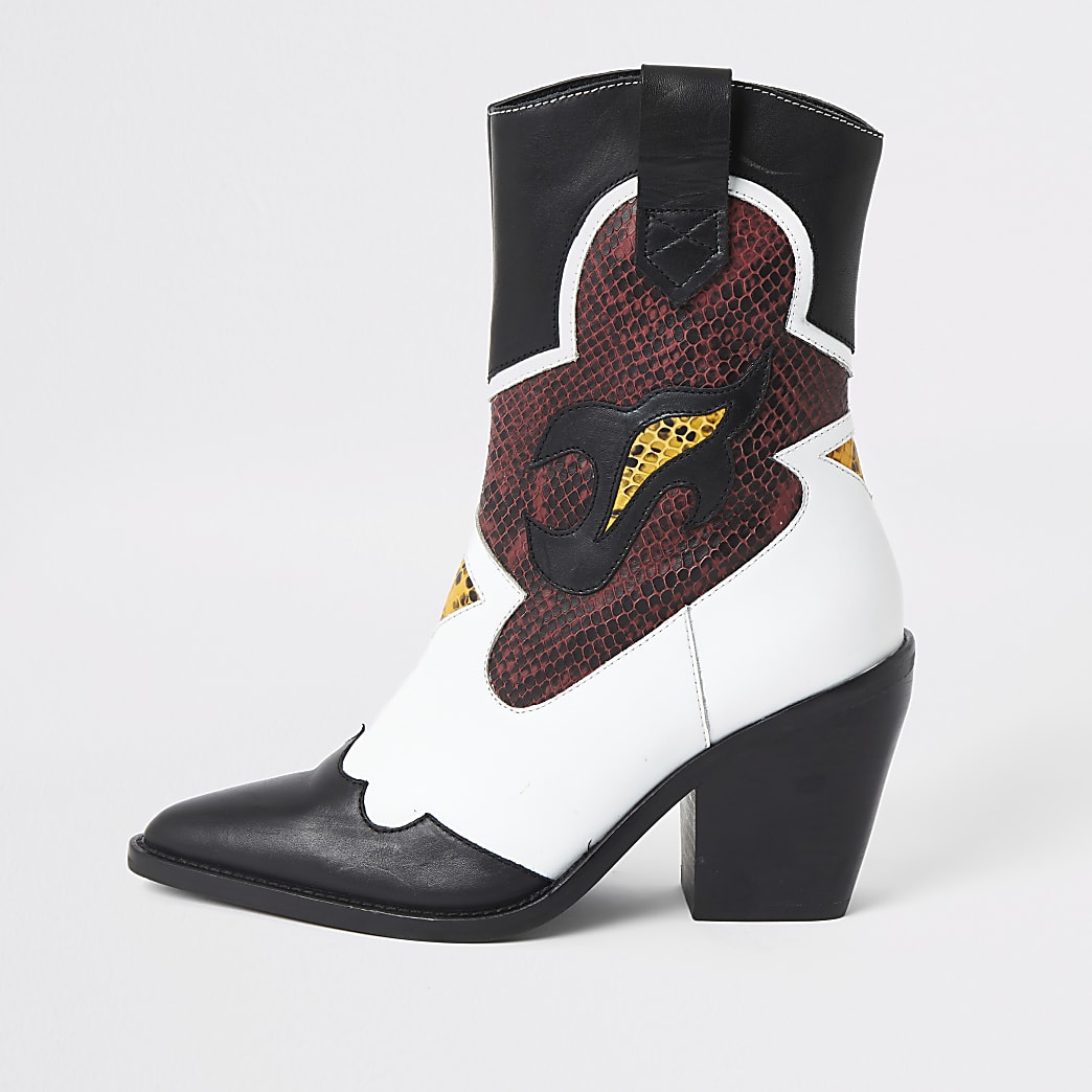 White leather cutout cowboy ankle boots | River Island