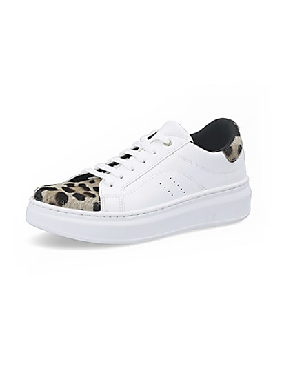 360 degree animation of product White leopard print lace-up trainers frame-1