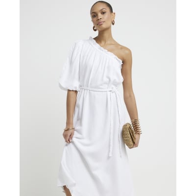 White linen blend belted shift midi dress River Island
