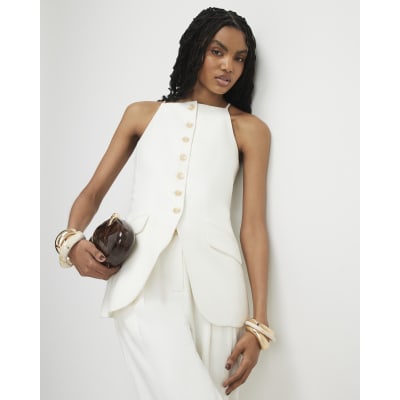White Linen Blend Longline Waistcoat