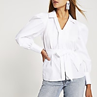 White long puff sleeve tie waisted top