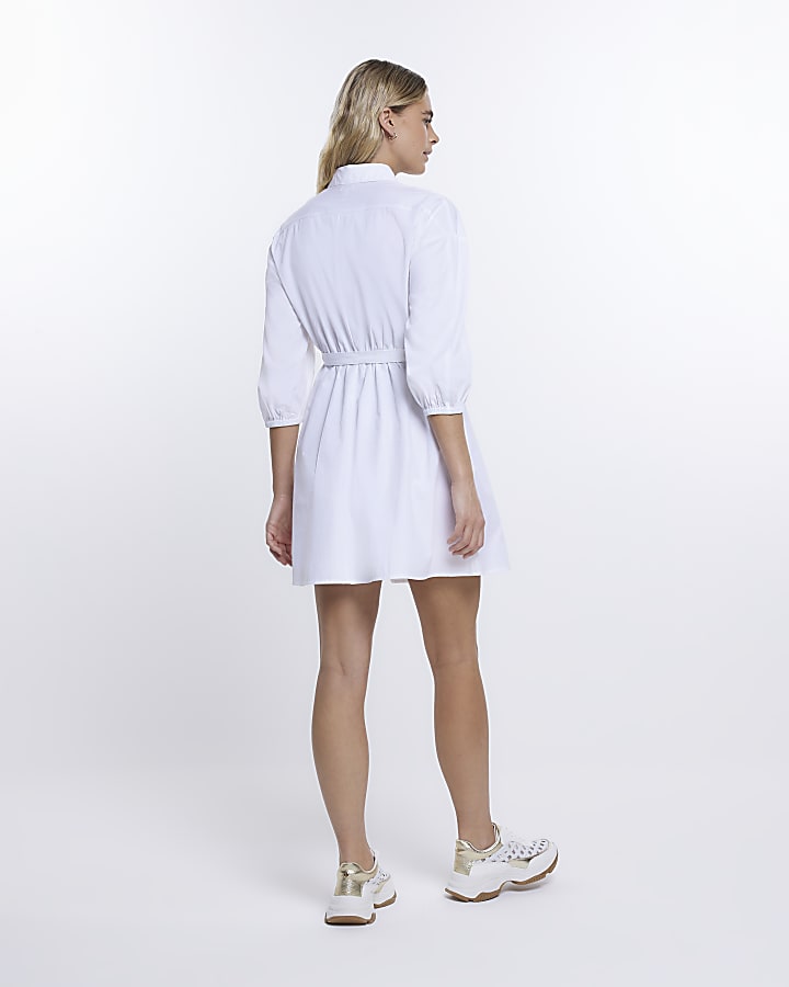 White long sleeve belted mini shirt dress