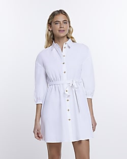White long sleeve belted mini shirt dress