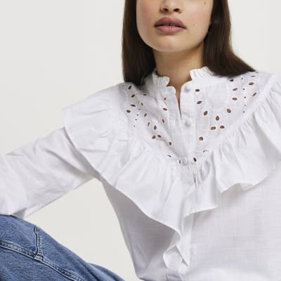 white long sleeve ruffle shirt