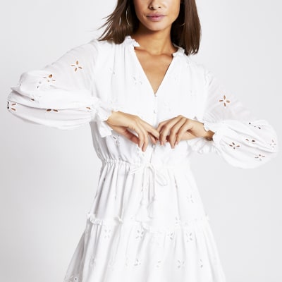 long sleeve white smock dress