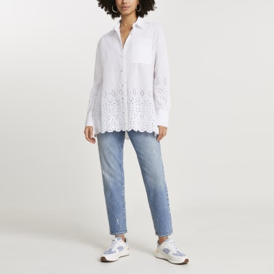 White long sleeve broderie oversized shirt | River Island
