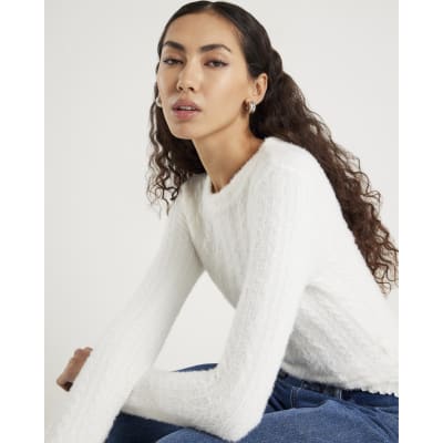 White Long Sleeve Cable Knit Fitted Top