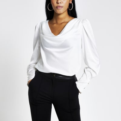 White Long Sleeve Cowl Neck Satin Blouse River Island 5845