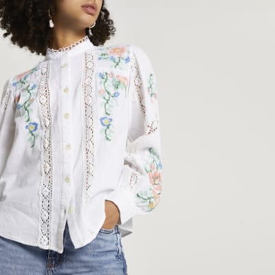 White long sleeve embroidered blouse River Island