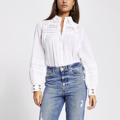 White long sleeve embroidered shirt River Island