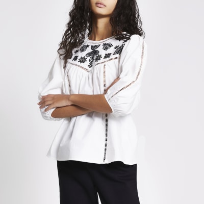 White Long Sleeve Embroidered Smock Top River Island