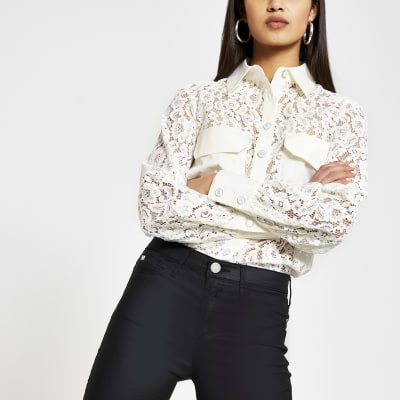 White Long Sleeve Lace Pocket Detail Shirt River Island 7502