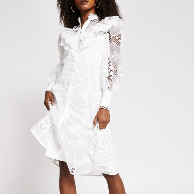 White long sleeve midi lace shirt dress 