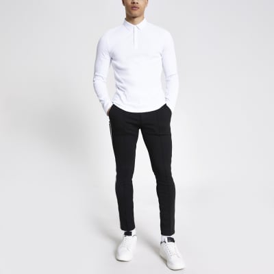 White long sleeve muscle fit rib polo shirt | River Island