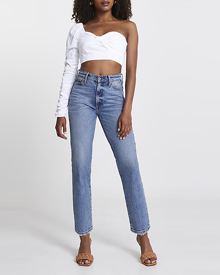 White long sleeve one shoulder bow crop top
