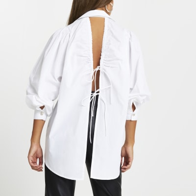 White long sleeve open back shirt River Island