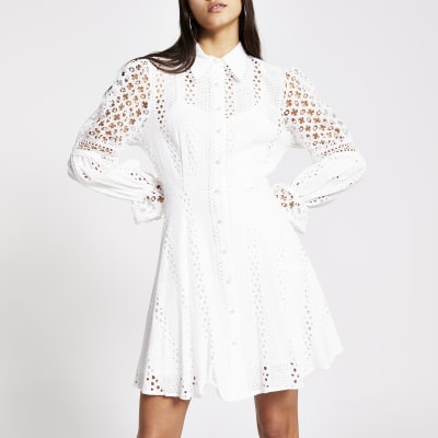 White long sleeve pearl button broderie dress | River Island