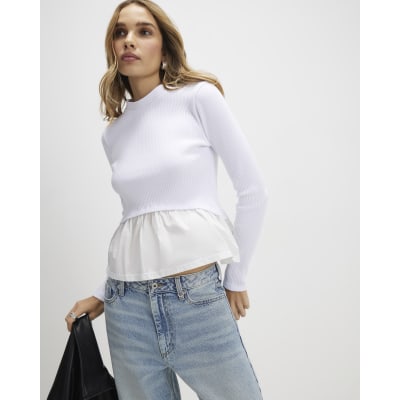 White Long Sleeve Poplin Hem Top