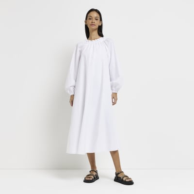 White Long Sleeve Poplin Smock Dress River Island