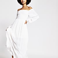 White long sleeve shirred bardot maxi dress