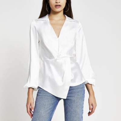 White long sleeve twist front shirt | River Island