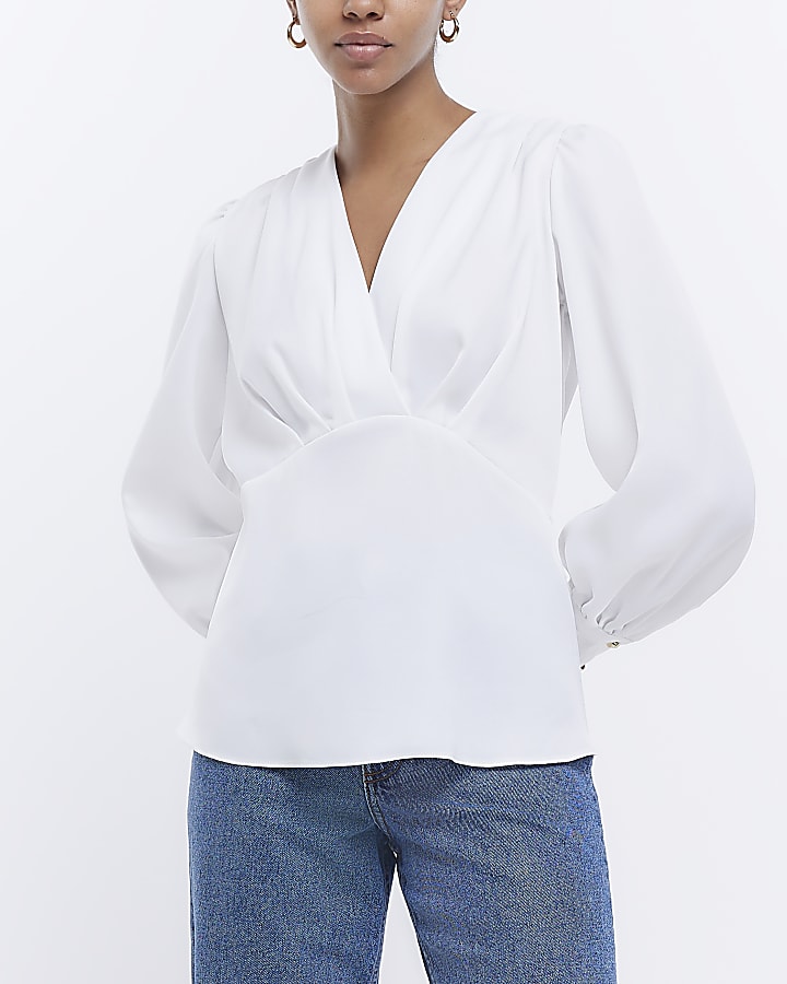 White long sleeve V neck blouse