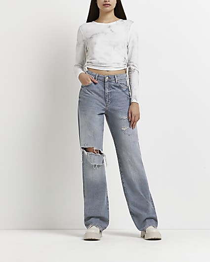 White marble print ruched cropped t-shirt