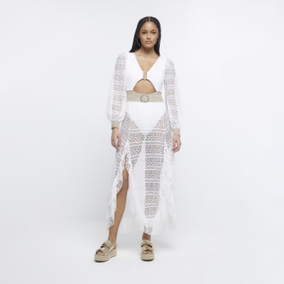 White mesh frill maxi skirt