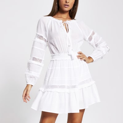 White mesh insert smock beach dress  River Island