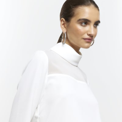 White mesh panel high neck top | River Island