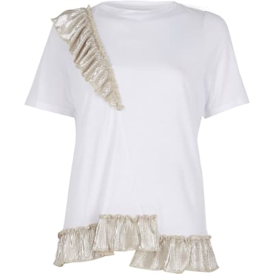 White metallic asymmetric frill T-shirt