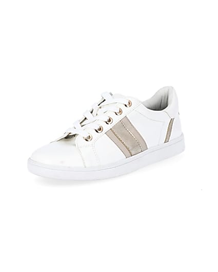 360 degree animation of product White metallic stripe wide fit trainers frame-0