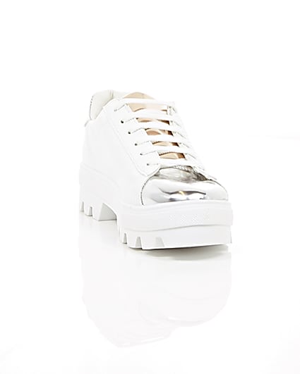 360 degree animation of product White metallic trim cleated sole trainers frame-5