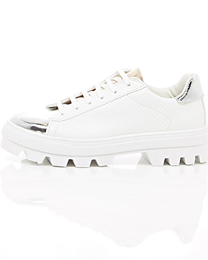 360 degree animation of product White metallic trim cleated sole trainers frame-22