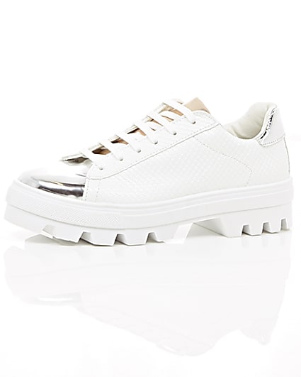 360 degree animation of product White metallic trim cleated sole trainers frame-23