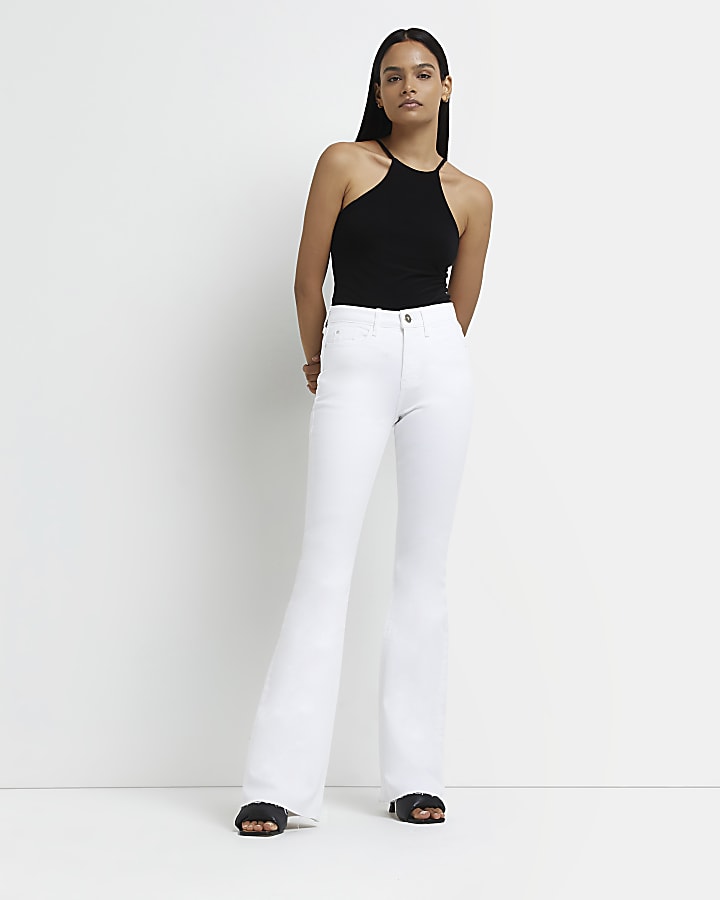 White mid rise flared jeans