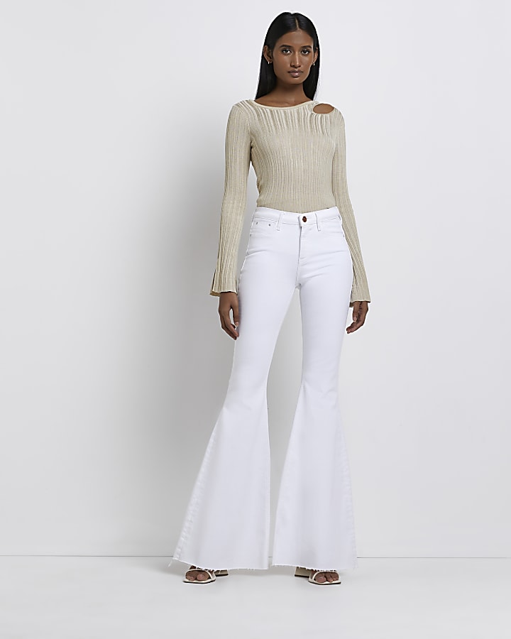 White mid rise ultra flared jeans
