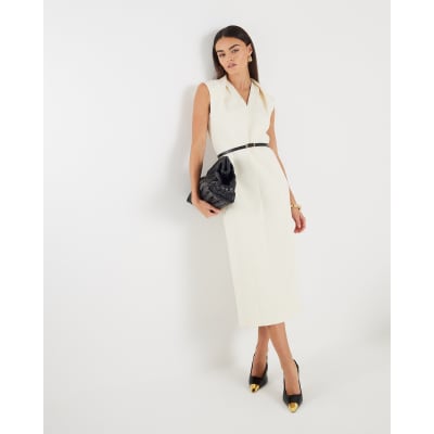 White Midi V Neck Belted Midi Dress