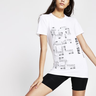White mono printed Longline tshirt River Island