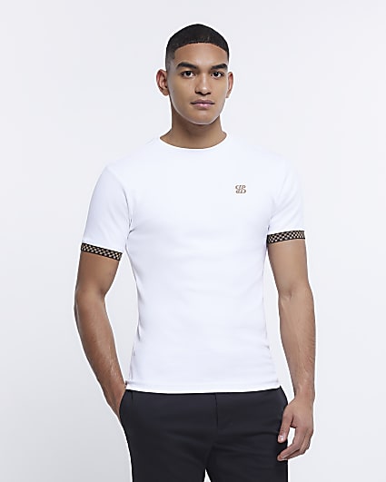 White Muscle fit Check detail t-shirt