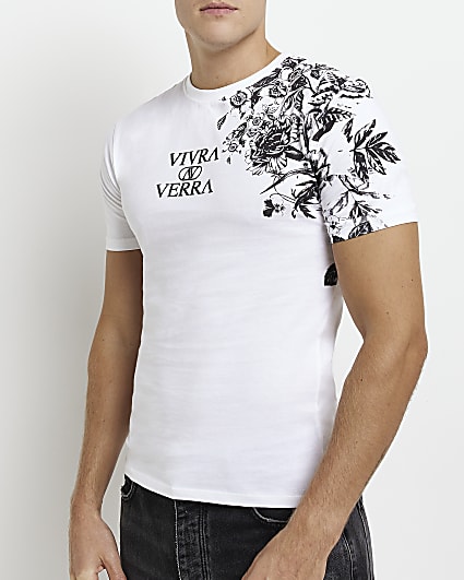 White Muscle fit floral graphic T-shirt