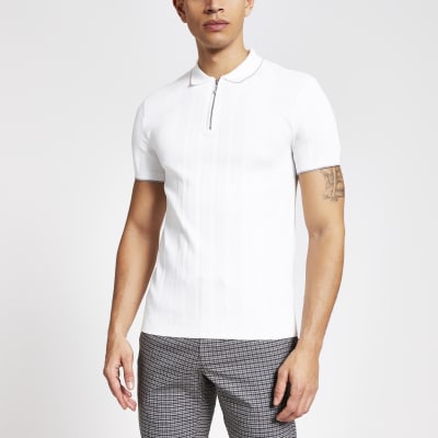 White muscle fit half zip knitted polo shirt River Island